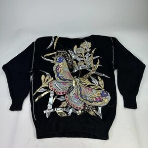 VTG Bonnie Boerer Black Cotton Blend Sweater Size S Ladies Gold Silver Butterfly